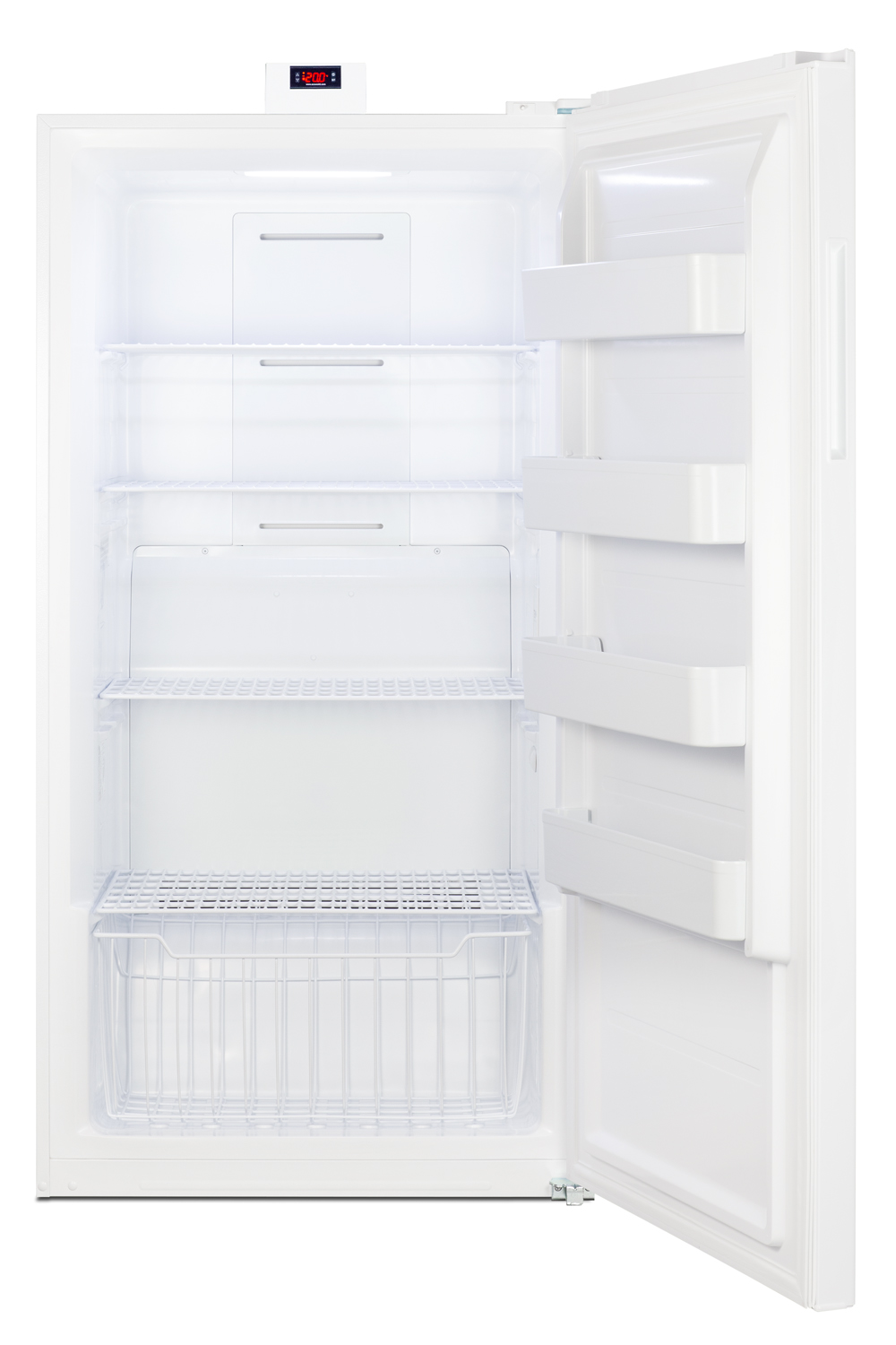 Upright frost-free freezer for general purpose storage with digital controls and white exterior finish